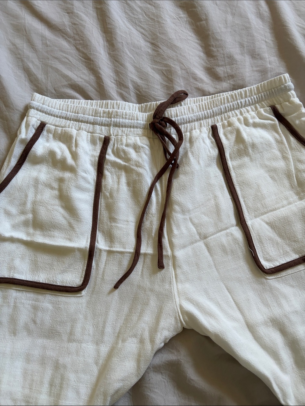 ILLA ILLA Cream Wide-Leg Linen Jumpsuit with Brown Trim - Picture 3 of 6